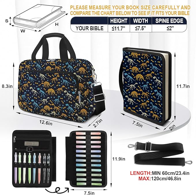 Dinosaur Bible Cover Case for Kids Boys Mens, Large T-rex Bible Carrying Book Case Church Bag Strap Handle Zipper Pocket, Bible Study Supplies Journaling Kit, Highlighters Pens Cross Clips