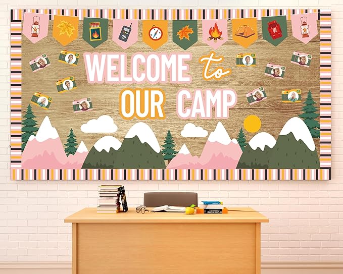 Camping Bulletin Board Set Woodland Classroom Decor Welcome to Our Camp Forest Mountain Classroom Decorations Border Adventure DIY Photo Craft Camper Cutouts for Students School Wall Party Supplies