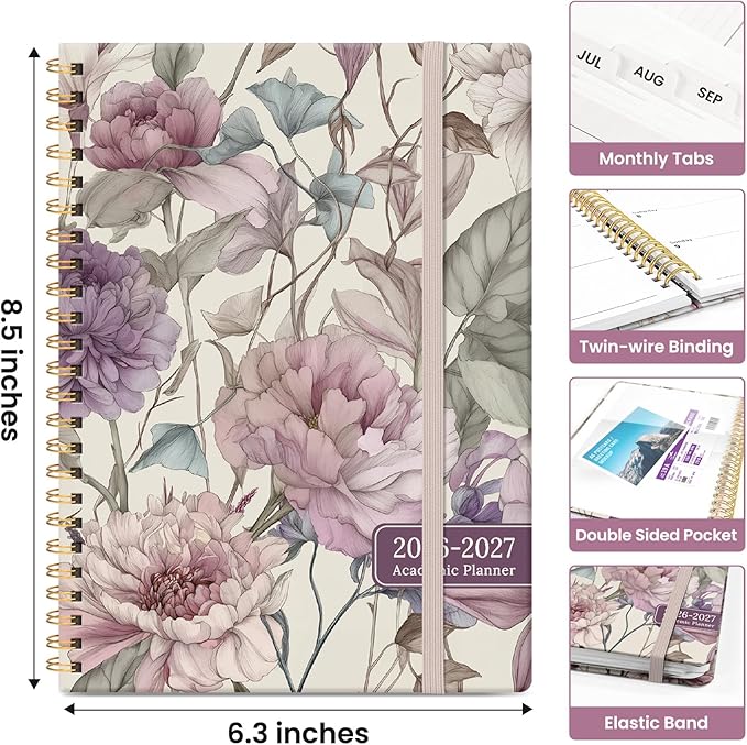 Planner 2026-2027, Academic Year Weekly and Monthly Calender Planner, from Jul 2026 - Jun 2027, Spiral Bound School Planning Book, Perfect for Teacher, Student, Women & Men, A5 (6.3" x 8.5"), Soft Peony