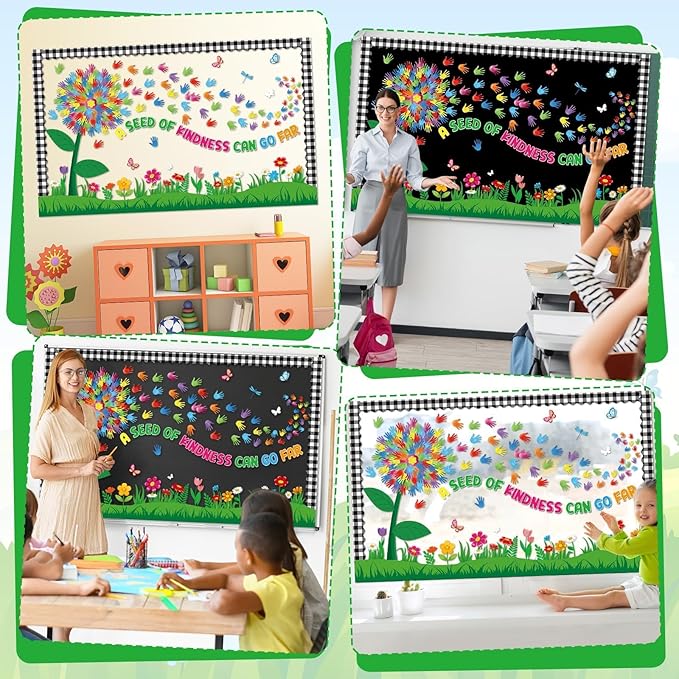 Kindness Bulletin Board Sets Classroom Kind Bulletin Board Decorations for Back to School Eucalyptus Handprint Dandelion Plant Kindness Paper Cutouts for Office Home Chalkboard Door Wall Supplies