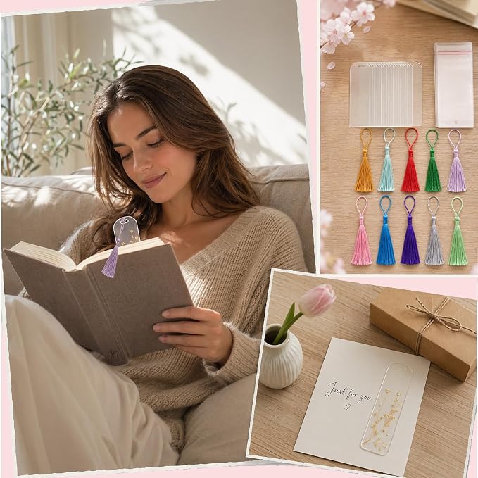 90Pcs Acrylic Bookmark Blanks Kit-30 Set Clear Acrylic Bookmarks 6" x 2" with 30 Tassels & 30 Self-Adhesive Bags,Acrylic Bookmark Bulk for DIY Bookmarks Crafting Project and Gift Tags(Semicircle)
