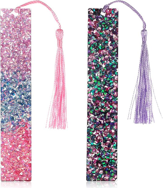 2Pcs Glitter Bookmarks for Girls Purple Pink Sparkly Bookmarks | Acrylic Bling Book Marks Resin Tassel Bookmark for Girls Women Book Lover Reading Presents