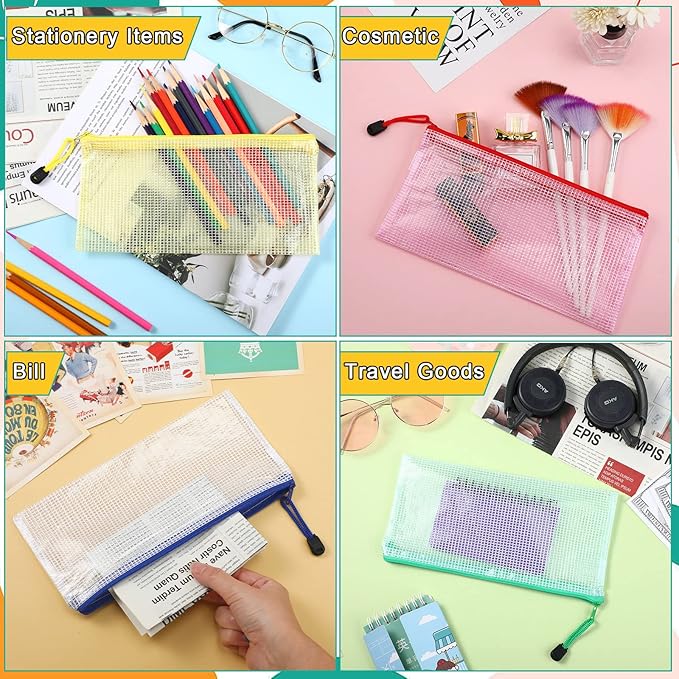 Handepo 80 Pieces Mesh Zipper Pouch Waterproof Pencil Pouch Zipper Plastic Zip File Document Folders for Office Home School