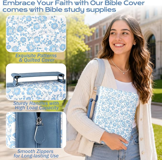 XKDOUS Bible Cover Case for Women Leather Quilted Bible Bag Organizer Large Book Carrying Case with Handle, Pens, Tabs, Study Supplies Journaling Kit Christian Gifts for Mom, Lady