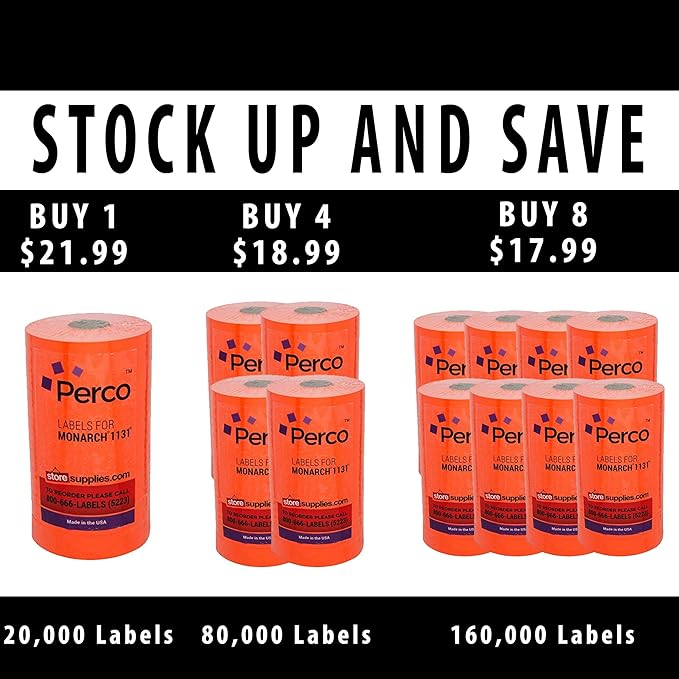Perco Fluorescent Red Pricing Labels for Monarch 1131 Pricing Gun - 1 Sleeve, 20,000 Price Gun Labels Bundle with Monarch Ink Roll for Monarch 1131 & 1136 Price Labelers (Pack of 4)