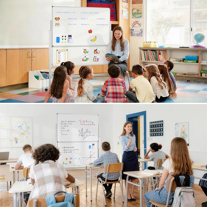 MAKELLO Rolling Whiteboard 60"x48", Large Magnetic Mobile White Board on Wheels, Double-Sided Dry Erase Board for Home Office School, Height Adjustable, 5'x4'
