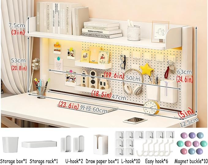 23.6 Inch Clip-on Desktop Organizer Bookshelf with Pegboard, Desk Shelf Organizer, Multipurpose Computer Desk Desktop Bookshelf, Desk Extender Pegboard Clamp, Desktop Display (White)