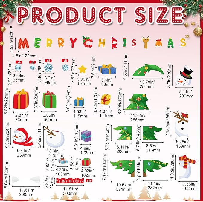Funrous Christmas Bulletin Board Decoration Set Xmas Tree Classroom Decor Snowman Santa Claus Gnome Snowflake Cutout Winter Border Trim for Xmas Holiday Office Wall Door Supplies (Merry Christmas)