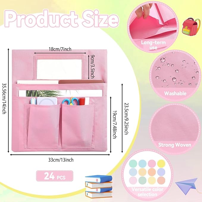 gisgfim 24 Pcs Small Chair Pockets for Classroom 13 x 14 Inch Bag with Name Tag Multi Pockets Chairsback Pouch Organizer for Student Kindergarten Elementary Daycare (Pastel)