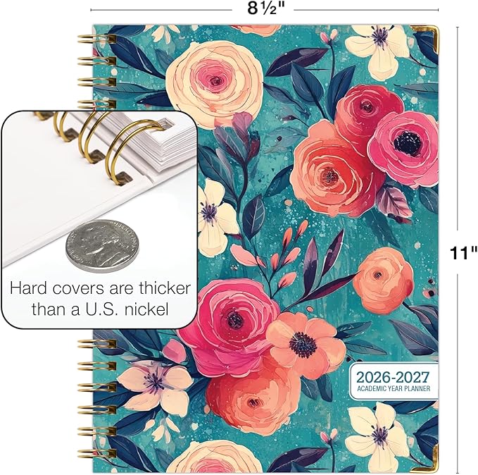 HARDCOVER Academic Year 2026-2027 Planner: 14 Months (May 2026 Through June 2027) 8.5"x 11" Daily Weekly Monthly Planner Yearly Agenda. Bookmark, Pocket Folder and Sticky Note Set (Teal Floral)