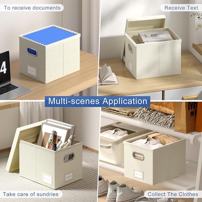 File Organizer Box - File Boxes for Hanging Files with Lid Set of 3 Decorative Hanging Folders Organizer with One-Piece Plastic Frame Slides (Beige White, 13.2 * 10.1 * 10.1in(3Pack))