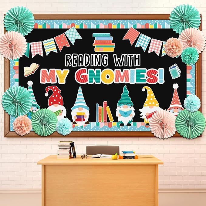 Back to School Gnomes Bulletin Board Decorations Set with 3D Tissue Paper Flower Paper Fan Reading My Gnomies Classroom Bulletin Board Border Gnomes Books Cutouts for Library Home Chalkboard Supplies