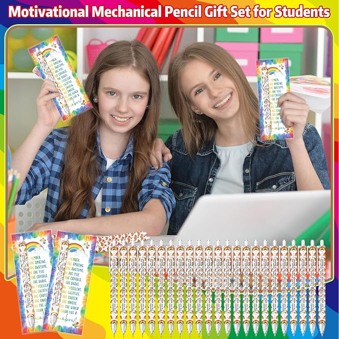 AmazingSpark 25 Set Inspirational 0.7 mm Rainbow Retractable Pencil Gifts for Students from Teacher Encouragement Affirmation Bookmark Cards Opp Bag Valentines Classroom Prize Awards for School