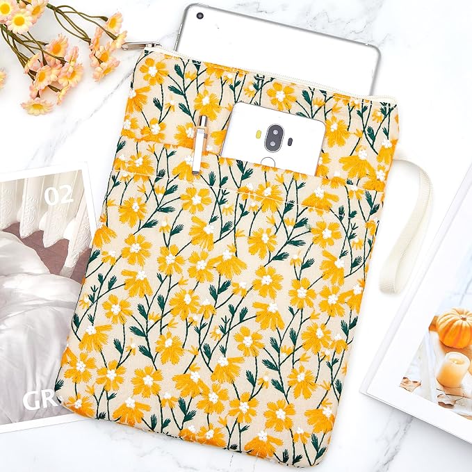 12''x9'' Daisy Embroidered Book Sleeve with Cotton Lining with Handle and Zipper Book Protector for Paperback and Hardcover, Christmas Ideal Gift Book Sleeve Pouch for Book Lovers(Yellow)
