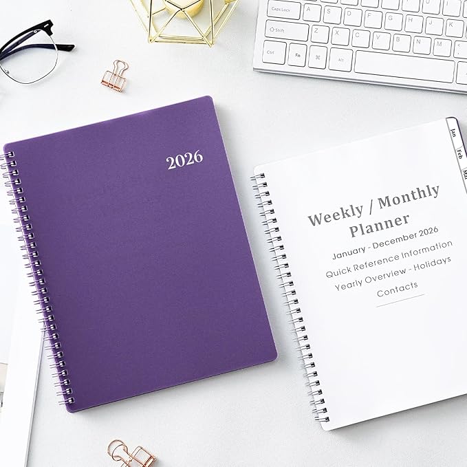 Planner 2026 - Weekly & Monthly 2026 Planner with Printed Tabs, Jan. 2026 - Dec. 2026, 8" x 10", Flexible Cover, Twin-Wire Binding, Premium Paper, Perfect Oganizer - Purple