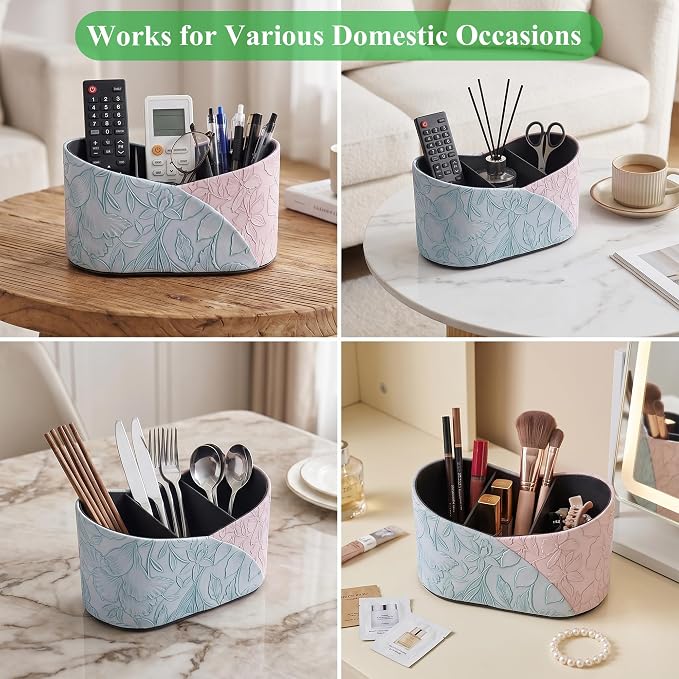 Two Leaves Shaped Leather Art Supply Organizer,Remote Control Holder,Multi-Functional Pencil Holder,3 Compartments Desktop Stationary Organizer(1-Blue Purple)