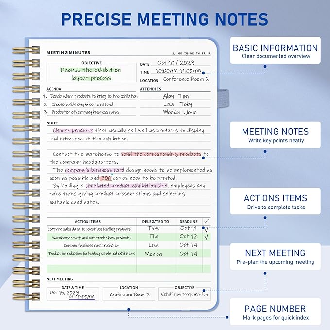 WEMATE Meeting Notebook for Work B5 (7"x10") - PU Leather Work Notebook with Agenda, Action Items & Notes - 200 Pages for Men&Women, Staff and Students, Meeting, Projects Planning - Light Blue