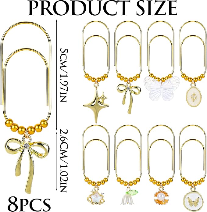 Cute Paper Clips Bookmarks - 8 Pcs Coquettee Butterfly Floral Large Paperclip Gifts Charm Girly Preppy Aesthetic Metal Planner Accessories for Reading Women Girl Book Lover Birthday School
