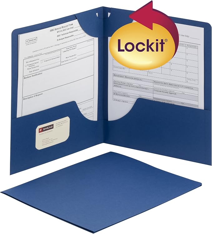Smead Lockit Two-Pocket Heavyweight Folder, Letter Size, Dark Blue, 25 per Box (87982) (Pack of 2)
