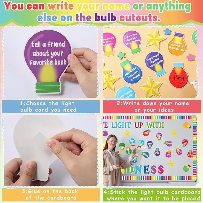 Light Bulb Bulletin Board Set Light up Kindness Themed Classroom Bulletin Board Decorations Bulb Name Tag Cutouts Classroom Decorations for Back to School Office Home Chalkboard Decor Wall Door