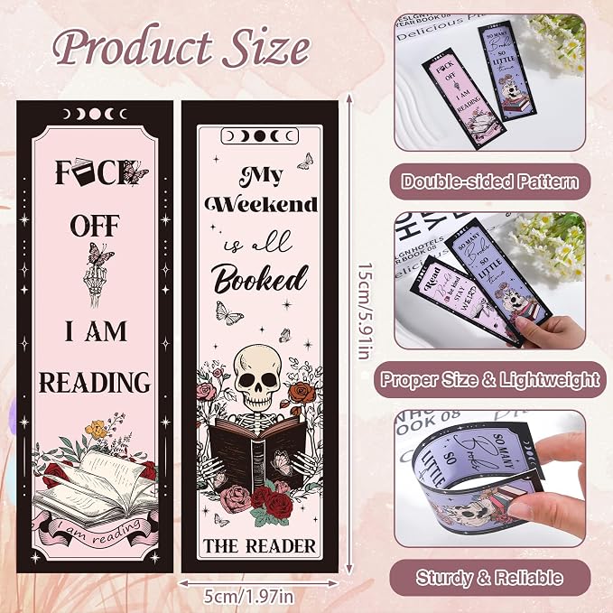 Wxiben Skeleton Flower Bookmarks Gifts - 40 Pcs Skeleton Reading Book Marks Gothic Skull Floral Book Markers Clip Double Sided Bookmarks for Women Bookish Bookworm Students Teachers Reader Club Gift