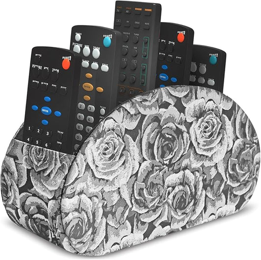 Remote Control Holder, PU Leather Remote Caddy Desktop Organizer with 5 Spacious Compartments for TV Remotes/Media Controllers/Office Supplies (1-3D Black Grey