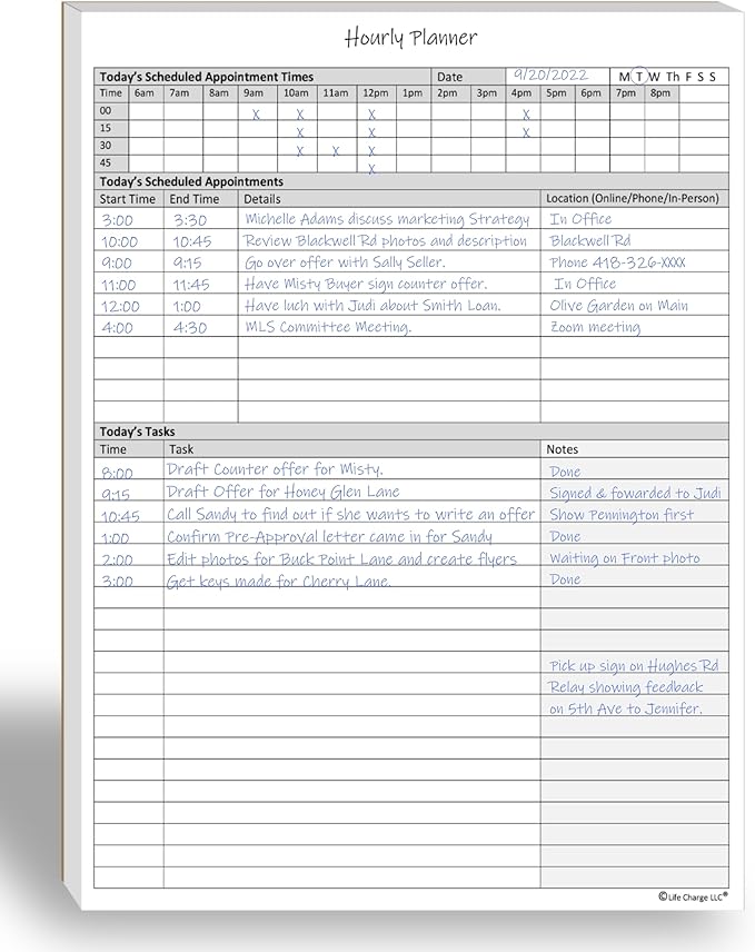Life Charge Hourly Planner Notepad. 60 Page Planning Pad w/Appointment Time Block, Task Log List & Note Sections. For Office Work Schedule & Time Management. 8.5 X 11, A4 Sheets.