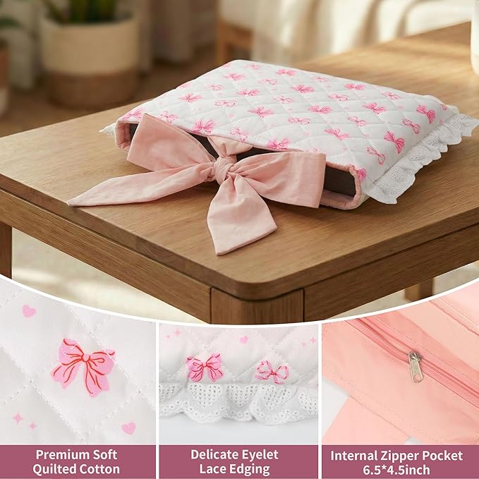 Vintage Pink Bow Quilted Bible Book Bag Cover for Women – Fits Standard Size Bibles Padded Protector Washable Cotton Bag with Elegant Lace Trim with Interior Zipper Pocket