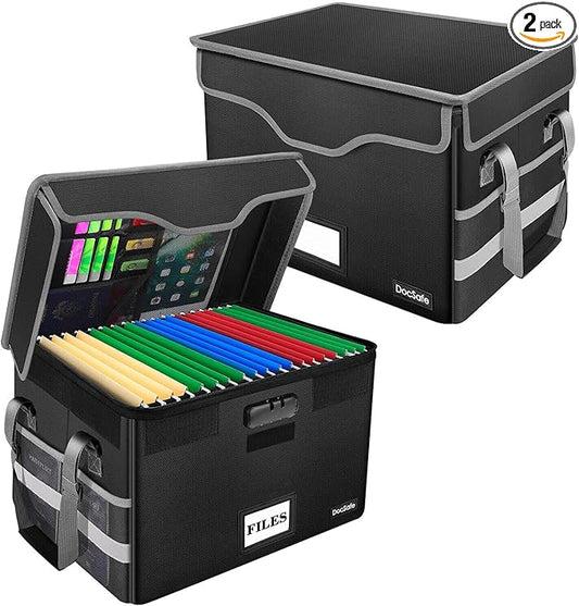DocSafe Fireproof Document Box with Lock,File Storage Organizer with Pockets,Collapsible Portable File Box Home Office Safe Filing Cabinet with Handle for Hanging Letter/Legal Folders,Black,2 Pack