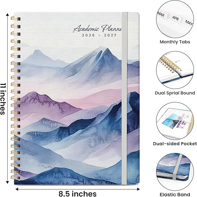 Planner 2026-2027, Monthly and Weekly Academic Planner July 2026 - June 2027, Hardcover Student Teacher Planning Agenda Calendar Book with Tabs, Perfect for Office School Supplies, A4 (8.5" x 11") - Distant Peaks