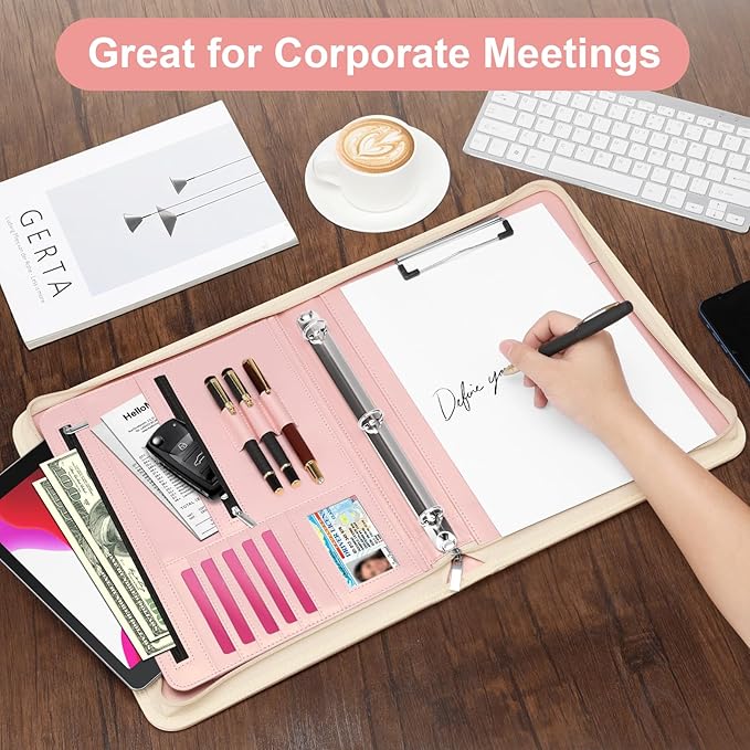 Padfolio Portfolio Organizer Binder with Zipper and Hidden Handle, PU Leather Portfolio Folder for Documents, Business Card Holder, Notepad Padfolio for Men&Women (Rose Gold)