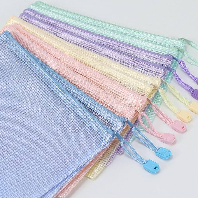 10 Pcs A5 Clear Zipper Pouch Bags - 5 Colors Plastic Mesh Storage Organizers for School Supplies, Office Travel Accessories & Classroom Organization