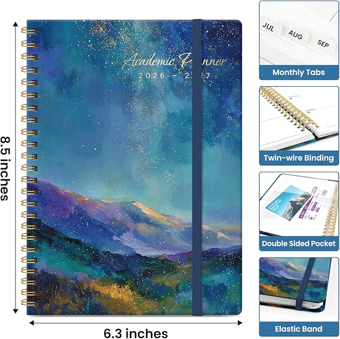 2026–2027 Academic Planner Book, Weekly and Monthly Layout, July 2026 to June 2027, Hardcover Agenda with Tabs, A5 (6.3" x 8.5"), School and Office Supplies - Starlit Peaks