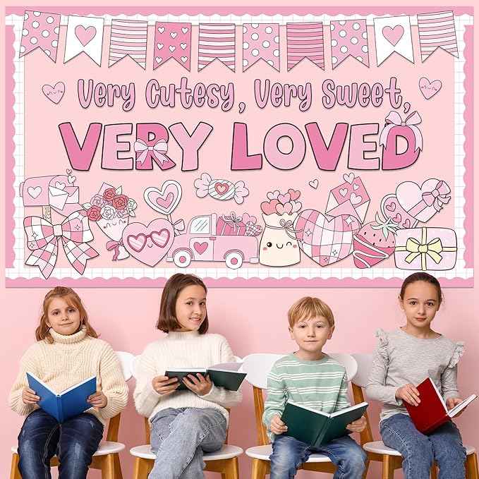 Valentine's Day Bulletin Board Decorations Set Very Cutesy Very Loved Pastel Pink Classroom Decoration Valentines Bows Candy Love Heart Cutouts for School Home Chalkboard Wall Decor Party Supplies