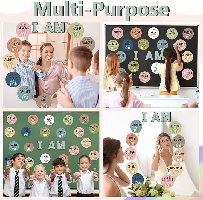 Positive Affirmation Station Bulletin Board Set Boho Affirmation Mirror Classroom Decor Rainbow Growth Mindset Decorations Inspirational Motivational Cards Accent Cutouts for Home School Wall Decor