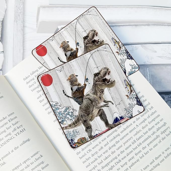 2 Pack Funny Cat and Dinosaur Leather Book Corner Bookmark, Durable Handmade Reading Accessories - Gifts for Readers, Women, Men, Teachers, Students