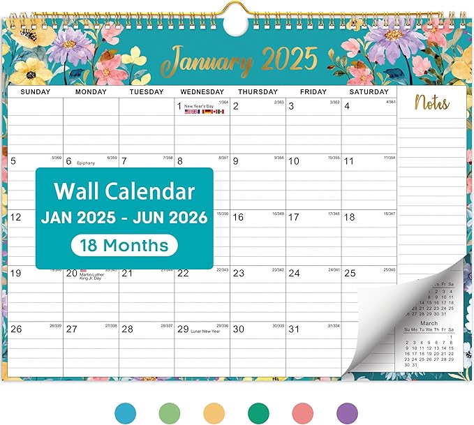 Calendar 2025-2026, Monthly Wall Calendar from January 2025 to June 2026, 11.5" x 14.7", Spiral Binding Hanging Wall Calendar, Perfect for Home or Office, Floral