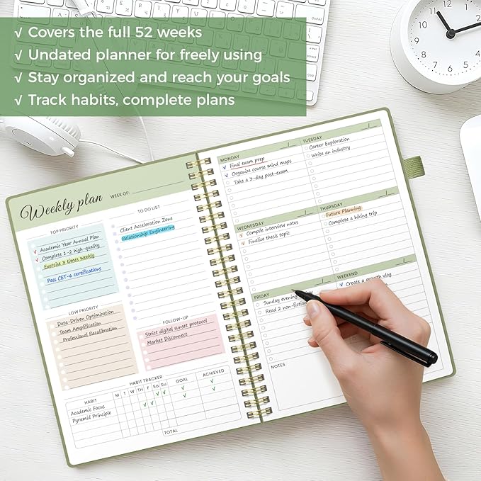 Oucaru Undated Weekly Planner, A5 To Do List Notebook with Goal & Habit Tracker Organizer, 52 Weekly Planner Notebook with Spiral Binding for Office Home School Supplies