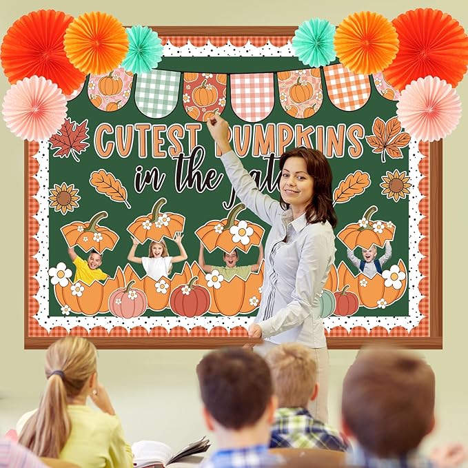 Containlol 71 Pcs Thanksgiving Bulletin Board Classroom Decoration Thanksgiving Fall Bulletin Board Set Autumn Pumpkin DIY Craft Photo 3D Paper Fans Cutouts for Fall School Classroom Home Decor