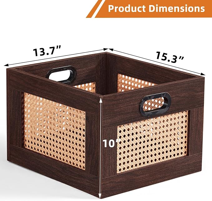 LELELINKY Vinyl Record Storage Crate, Rattan Vinyl Record Holder with Handle, Wood Record Crate for Vinyls Holder up to 75 LP's, Desktop Cube Album Storage for Vinyls Records(Walnut)