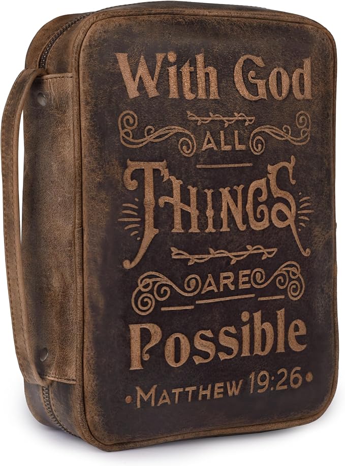 LEATHER VILLAGE Handmade Vintage Genuine Leather Embossed Bible Cover for Men & Women, Large Protective Bible Case & Organizer for Church, Travel & Study Christian Religious Antique Bookmark - Brown
