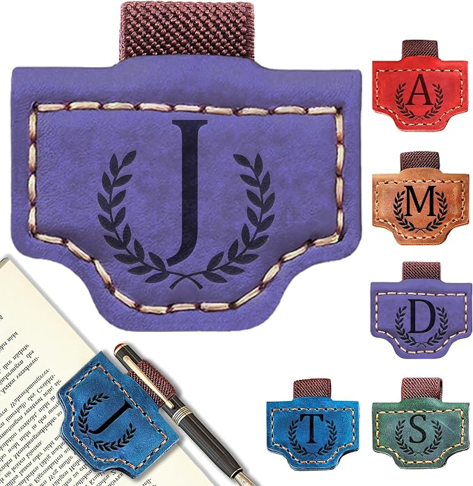 Personalized Leather Magnetic Bookmark with Pen Holder, Bookmark 26 Letters Name Initial Bookmarks for Readers, Book Lover Gifts for Women Men Notebook Accessories (Purple, J)