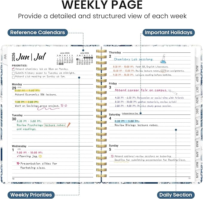 Planner 2026-2027, Academic Year Monthly and Weekly Calendar Planner, Jul 2026 - Jun 2027, Hardcover Teacher Student Planning Agenda book with Tabs, Perfect for School Office Supplies, 6.3" x 8.5" - Blue Floral