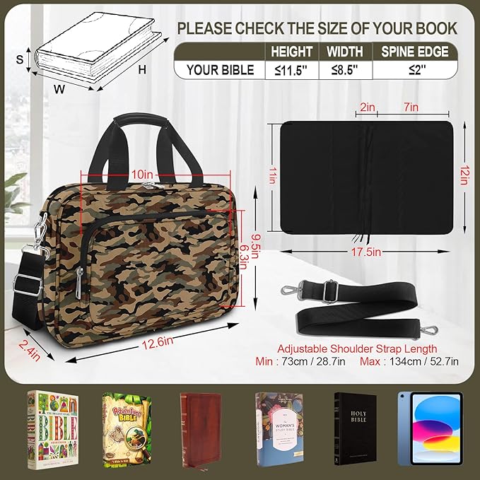 Camo Bible Case Covers for Boys, Large Bible Tote Bag for Men,Bible Carrier,Bible Holder Organizer with Shoulder Strap Zipper Pocket,Bible Study Supplies Kit With Highlighters,Tabs,Pens,Christian Gift