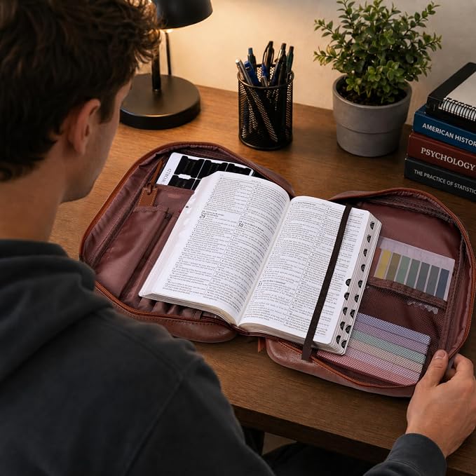 XKDOUS Leather Bible Cover Book Carrying Case Classic Church Bag Holder Portable Study Supplies Organizer with Handle, Pockets Father Day Christian Gift for Dad, Men, Women, Friends