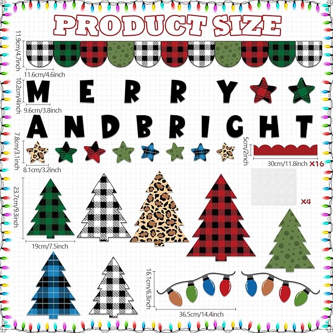 Christmas Classroom Bulletin Board Set Merry and Bright Light Bulb Plaid Xmas Tree Cutouts Retro Christmas Bulletin Board Decorations Xmas Winter Classroom Decor for Home Wall School Party Supplies