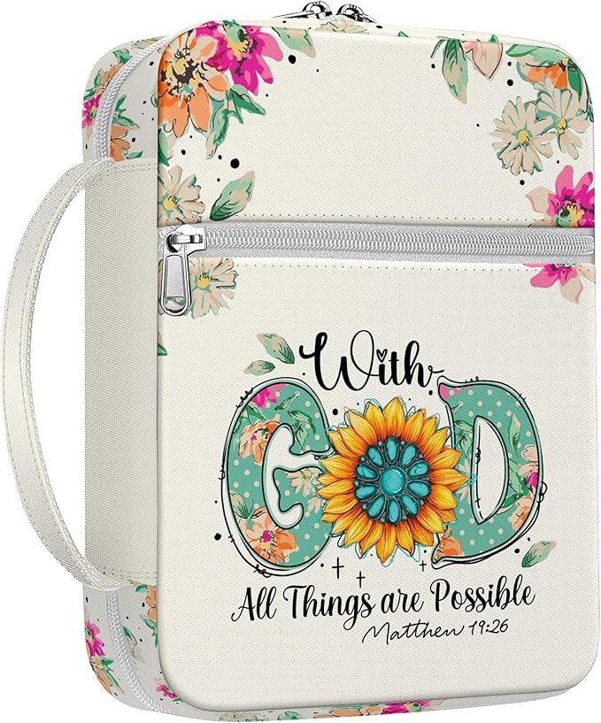 Floral Sunflower Bible Cover for Women with Handle and Zipper Pocket, Inspirational Canvas Bible Bag with Scripture Verse, Fits Standard Size Bible, Christian Gift for Mom, Girls