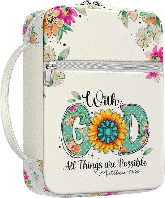 Floral Sunflower Bible Cover for Women with Handle and Zipper Pocket, Inspirational Canvas Bible Bag with Scripture Verse, Fits Standard Size Bible, Christian Gift for Mom, Girls