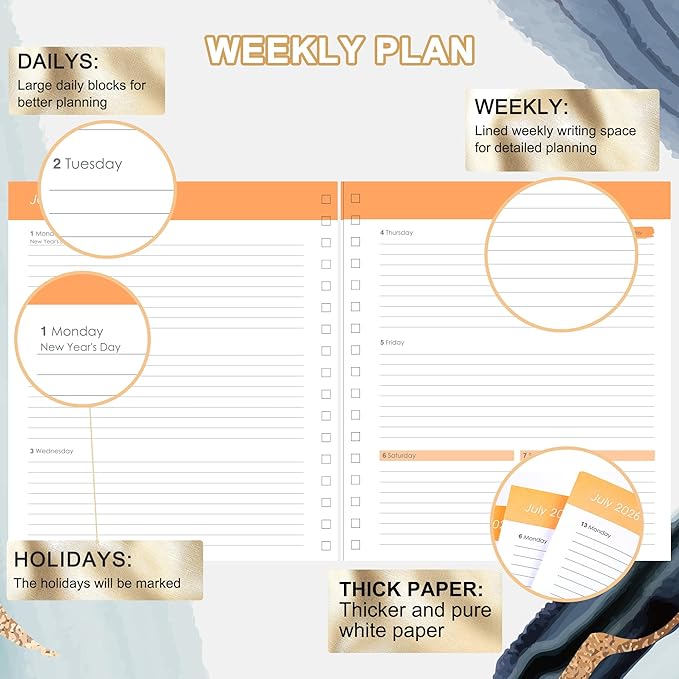 CAGIE 2026 Planner Weekly and Monthly Dec 2025–Dec 2026 Hardcover Planner with Pockets, 13 Month Large Blue Marble Calendar Planner with Stickers Tabs, Spiral Bound Yearly Calendar Planner for Women, 8.3" x 9.3"