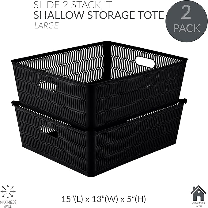 Simplify 4Pk Shallow Slide 2 Stack It Tote Basket | Storage & Organization | Open Bins with Stackable Capability | Bathroom | Crafts | Pantry | Playroom | Office | Black